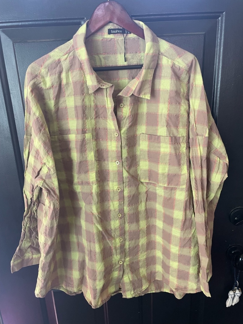 Boohoo Plaid Button-Up Shirt in Yellow and Mauve